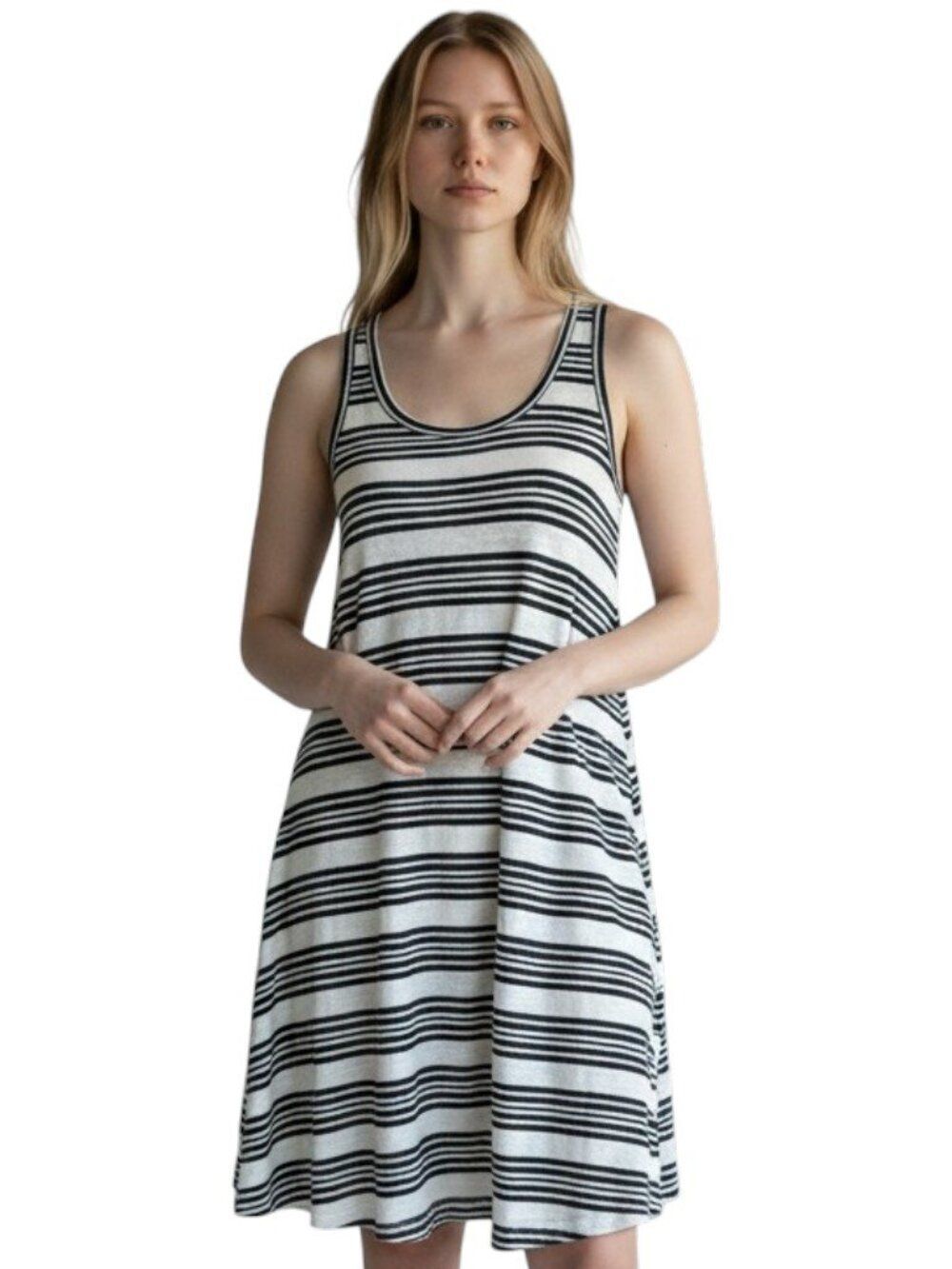 Lou & Grey Linen Cotton Striped Racerback Swing Dress Black White Asymmetric XS